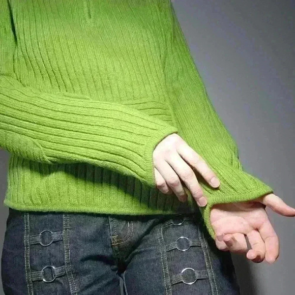 Vintage 90s / Y2K apple green knit acrylic high neck quarter zip-up sweater - Picture 5 of 13